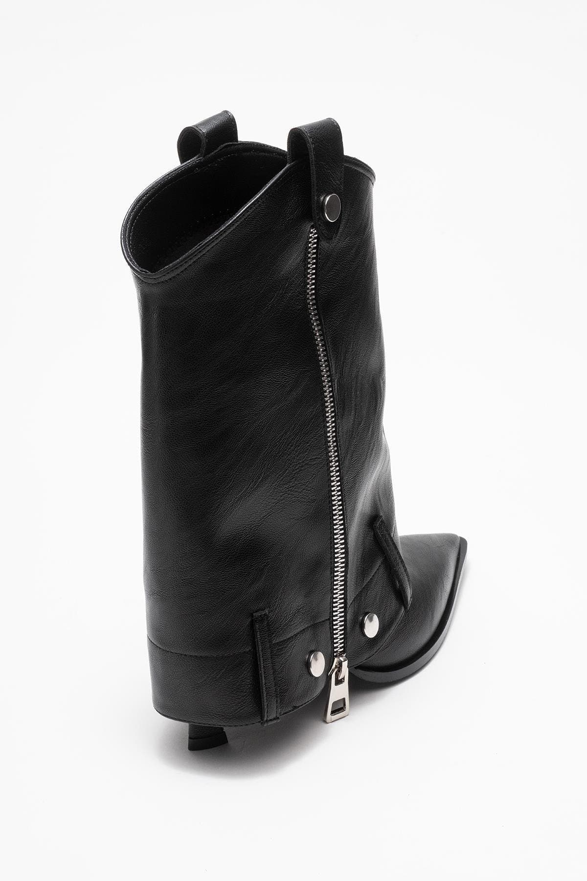 Prologue Shoes Lola Zip Pointed Toe Heel Boot, Alternate, color, Black Faux Leather