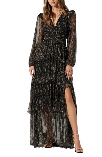 Astr The Label Anora Long Sleeve Tiered Maxi Dress In Black