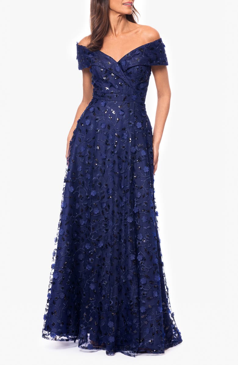 Xscape Evenings Sequin Floral Appliqué Off the Shoulde Gown, Main, color, Navy