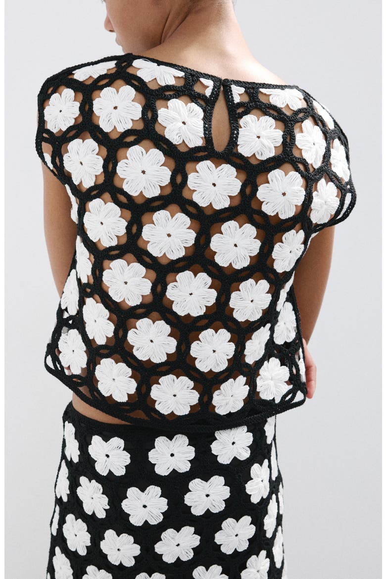 Flower Embellished Openwork Sweater, Alternate, color, BLACK