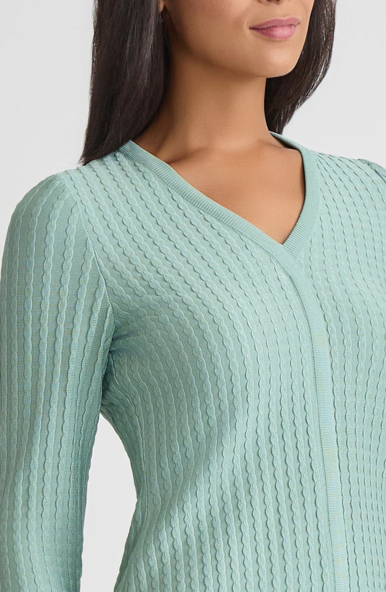 Misook Scalloped Ribbed Knit Bell Sleeve Top, Alternate, color, Mystic Green