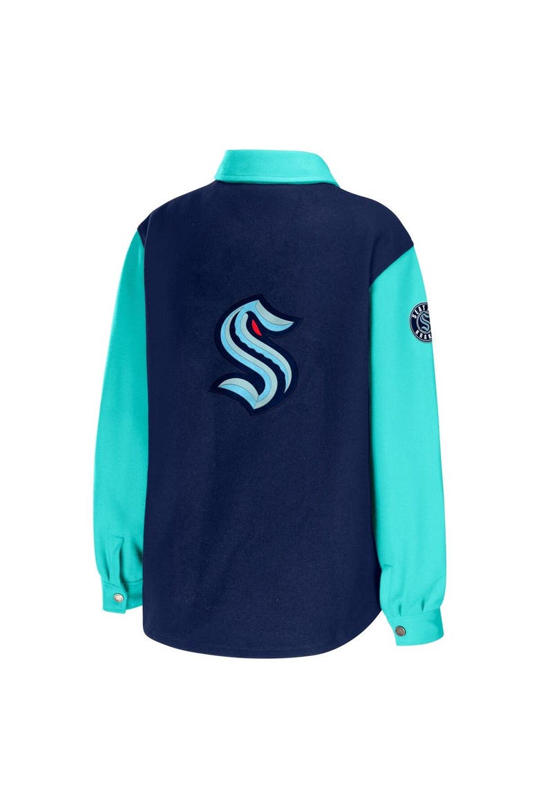 Women's WEAR by Erin Andrews Deep Sea Blue/Light Blue Seattle Kraken Colorblock Button-Up Shirt Jacket, Alternate, color, Navy