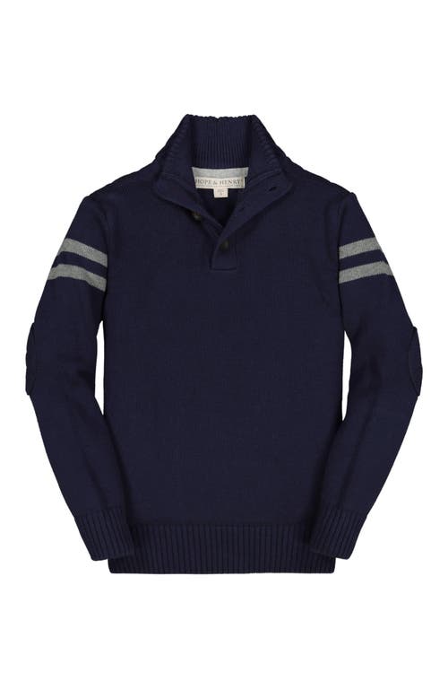 Hope & Henry Baby Boys' Mock Neck Button Placket Sweater, Infant in Navy With Grey Sleeve Stripes  product