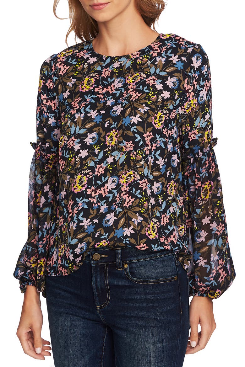Demure Flora Ruffle Sleeve Top, Alternate, color, CAVIAR