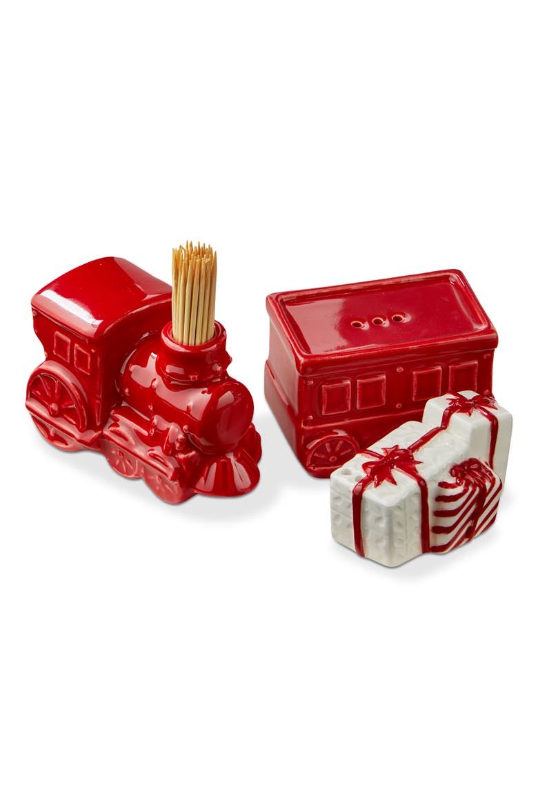 Christmas Red Train Salt & Pepper Shakers with Toothpick Holder Earthenware 3.5x2x2.3 in, Main, color, Red