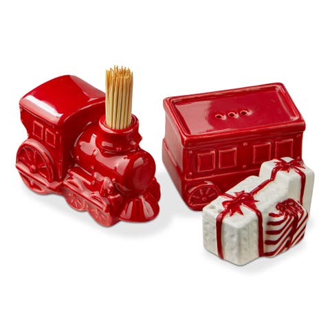 Christmas Red Train Salt & Pepper Shakers with Toothpick Holder Earthenware 3.5x2x2.3 in