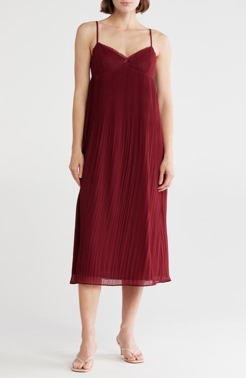 Lace Trim Empire Waist Pleated Midi Dress