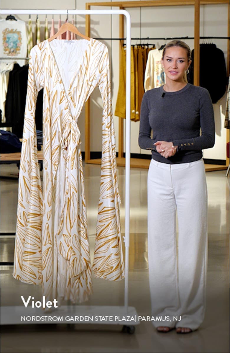 Maya Exaggerated Long Sleeve Fiore Print Jacquard Wrap Dress, sales video thumbnail