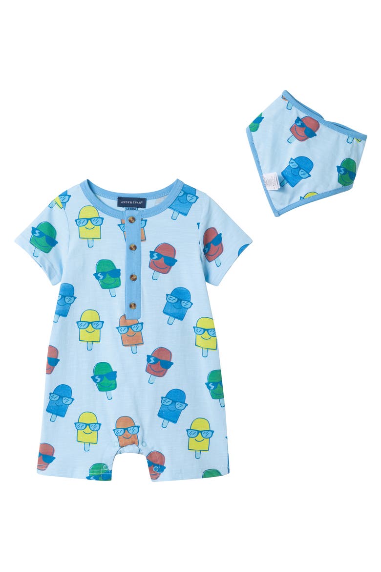 Print Romper & Bib Set, Main, color, BLUE ICE POP
