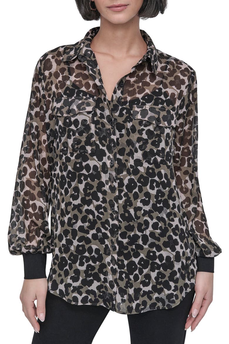 Print Chiffon Tunic Shirt, Main, color, SPRING ANIMAL UTILITY GREEN
