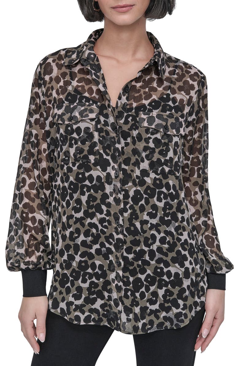 DKNY Print Chiffon Tunic Shirt, Main, color, Spring Animal Utility Green