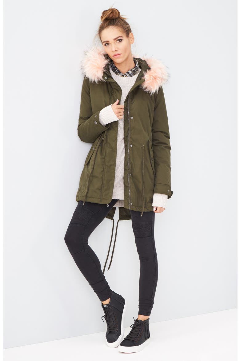 Faux Fur Trim Parka, Main, color, OLIVE