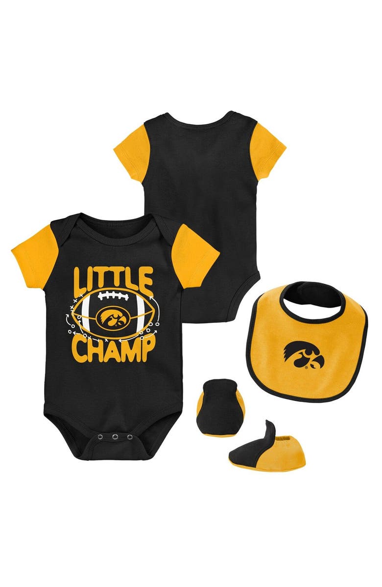 Outerstuff Newborn & Infant Black/Gold Iowa Hawkeyes Little Champ Bodysuit Bib & Booties Set, Main, color, 