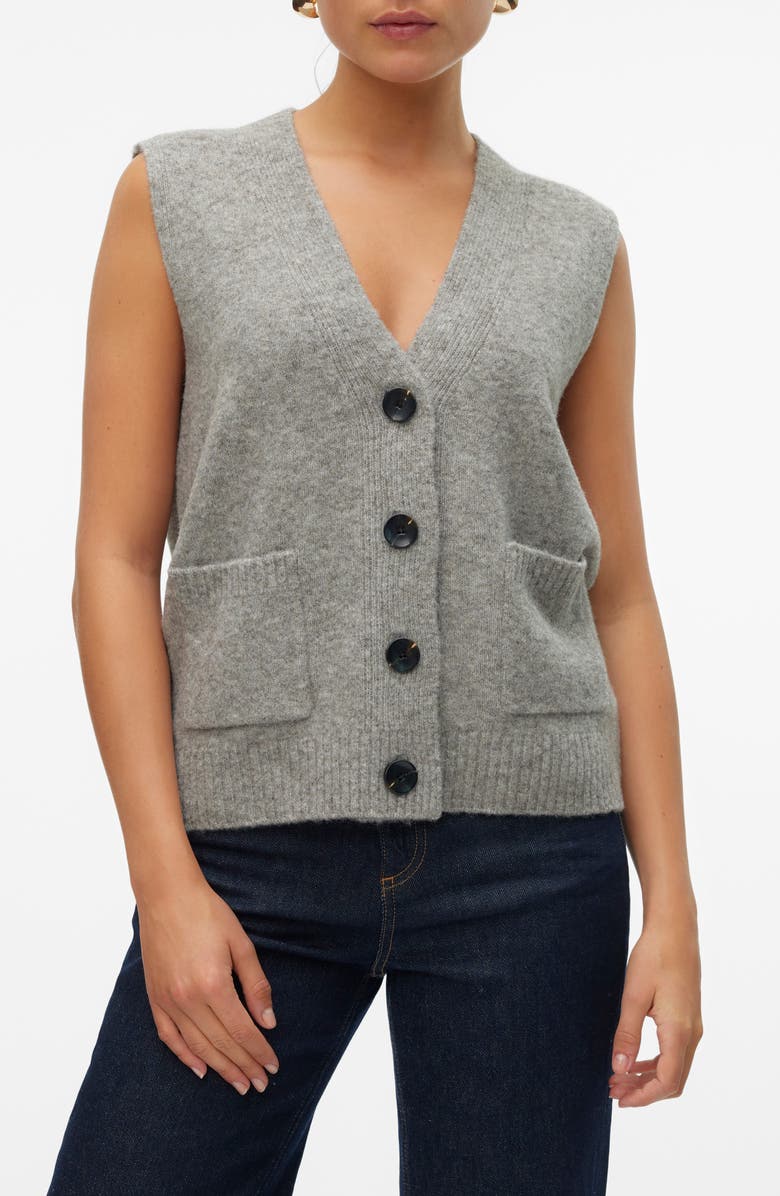 VERO MODA Clio V-Neck Button Front Vest, Main, color, Medium Grey Melange