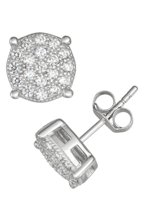 Sterling Silver CZ Pavé Round Stud Earrings