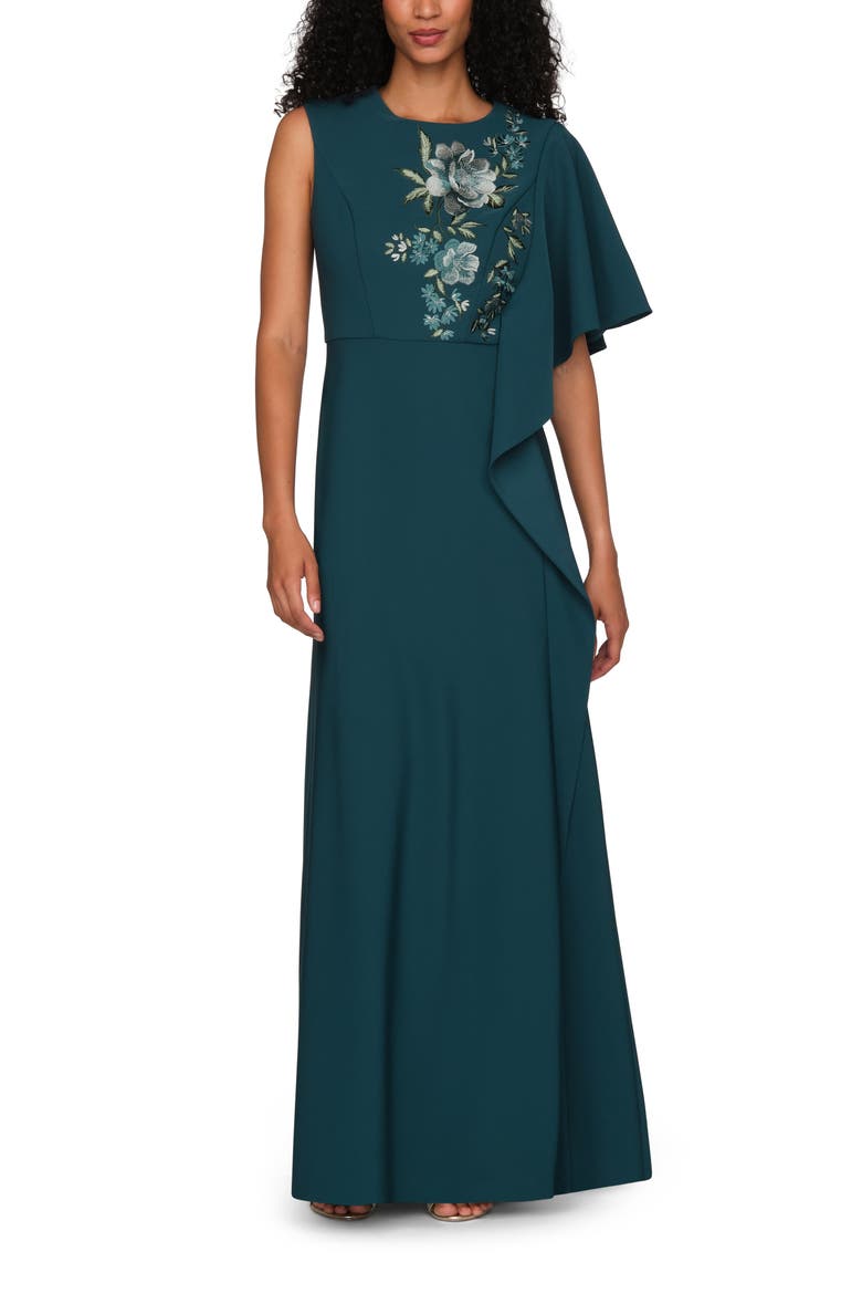 Alisha Embroidered Floral Detail Asymmetric Sleeve Gown, Main, color, DEEP TEAL