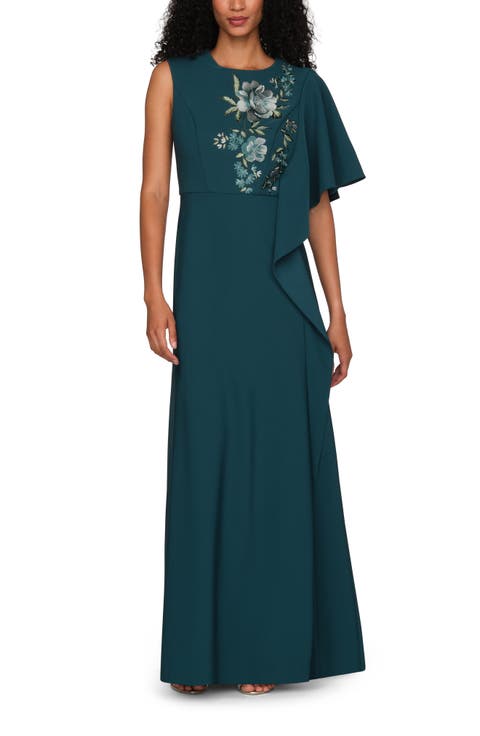Alisha Embroidered Floral Detail Asymmetric Sleeve Gown