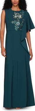 Kay Unger Alisha Embroidered Floral Detail Asymmetric Sleeve Gown