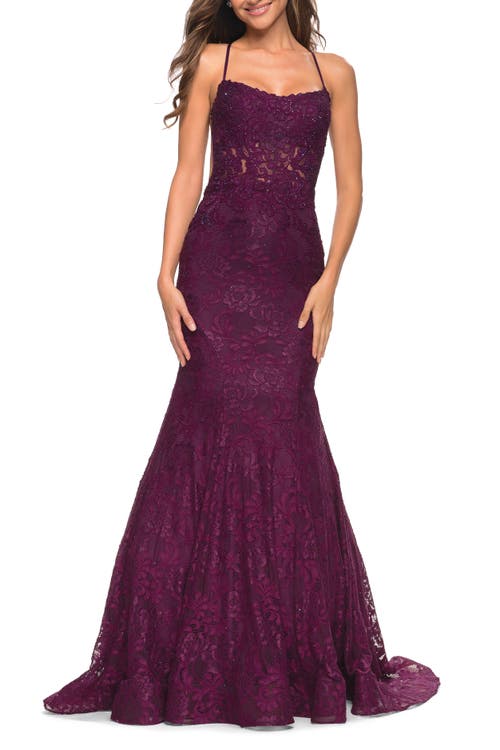 La Femme Mermaid Lace Gown With Sheer Bodice And Open Back In Dark Berry