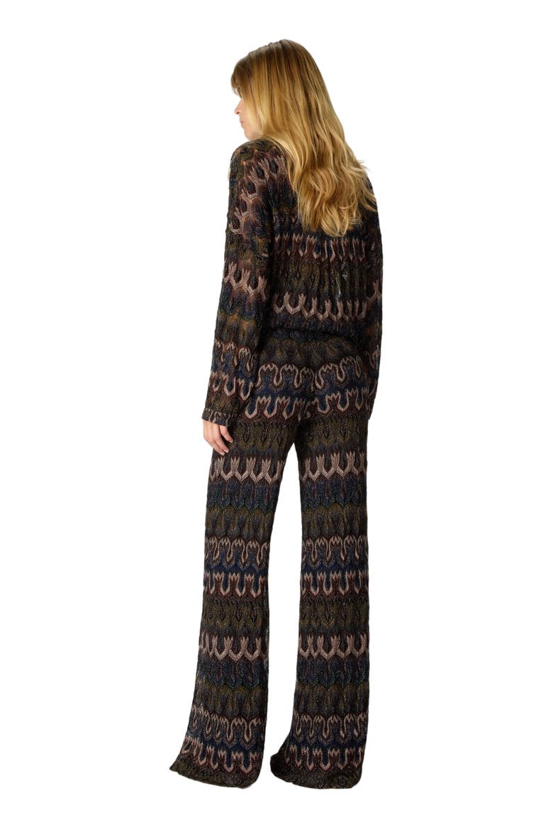Trousers In Viscose Lamé Arabesque Motif, Alternate, color, Brown