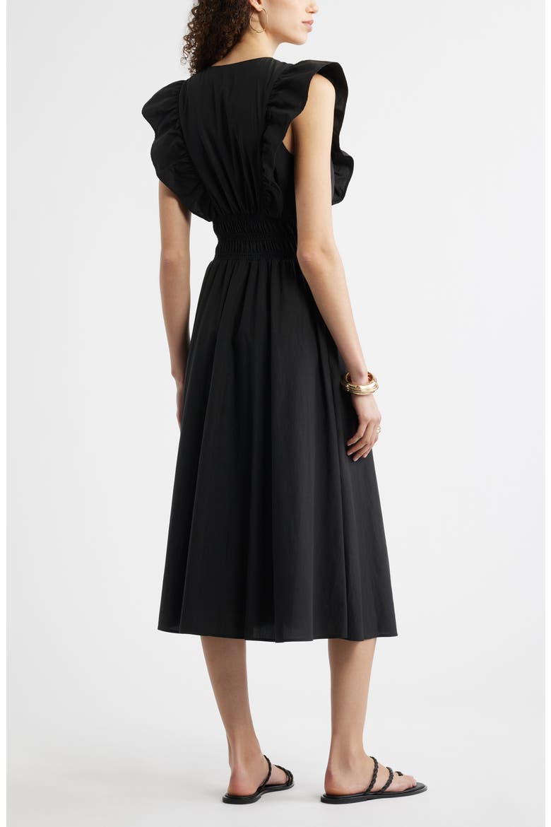 Flutter Sleeve Smocked Waist Midi Dress, Alternate, color, BLACK