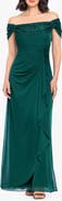 Betsy & Adam Glitter Lace Off the Shoulder Gown
