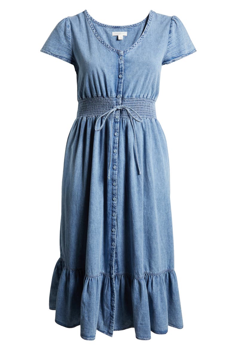 Smocked Waist Chambray Midi Dress, Alternate, color, LIGHT WASH