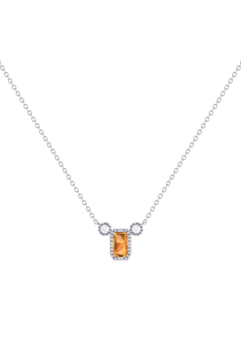 Emerald Cut Citrine & Diamond Birthstone Necklace in 14K Gold, Main, color, White Gold