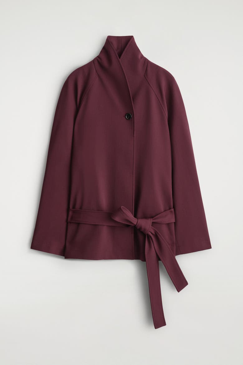 Belted Wool-Blend Shawl-Collar Jacket, Alternate, color, BURGUNDY
