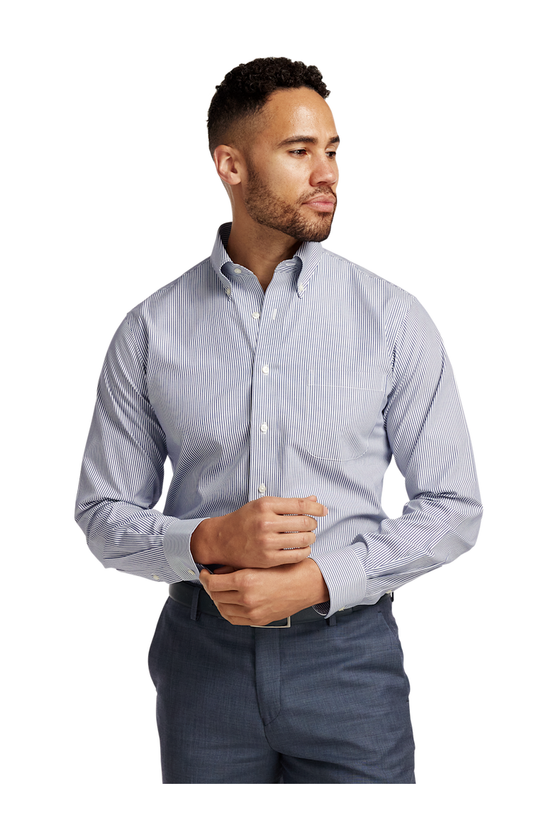 Tailored Fit Non-iron Cotton Pinpoint Solid Button Down Collar Dress Shirt, Alternate, color, Blue Stripe