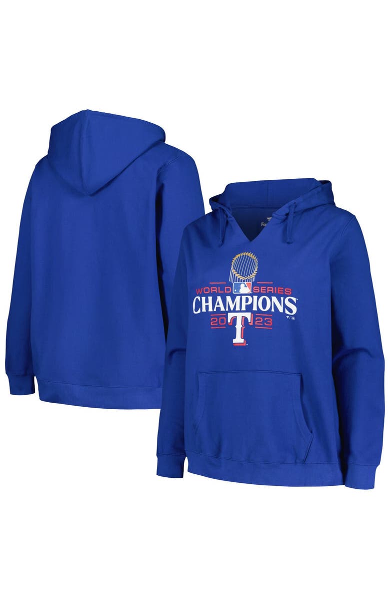 FANATICS Women's Fanatics Branded Royal Texas Rangers 2023 World Series Champions Plus Size Trophy Logo Pullover Hoodie, Main, color, 