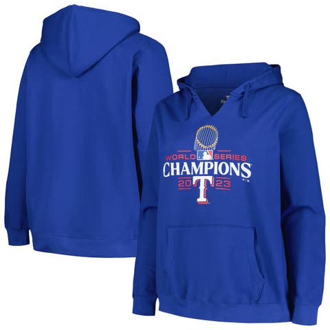 Women's Fanatics Branded Royal Texas Rangers 2023 World Series Champions Plus Size Trophy Logo Pullover Hoodie