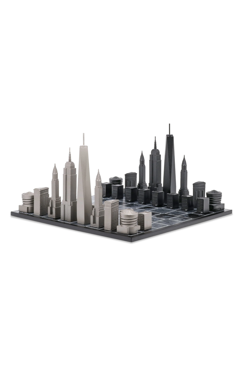 SKYLINE CHESS Chess Set Stainless Steel New York Edition with Wood Map Board, Main, color, Black