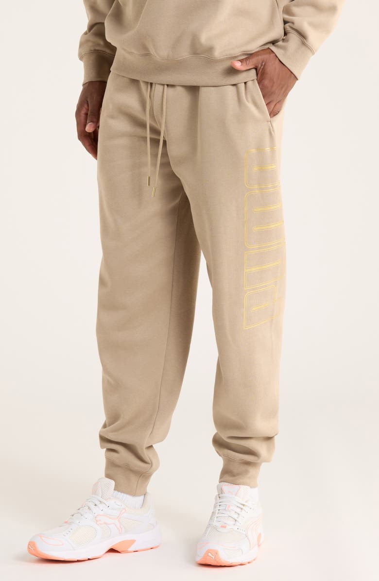 PUMA Maximal Metallic Logo Sweatpants, Main, color, Ice Coffee