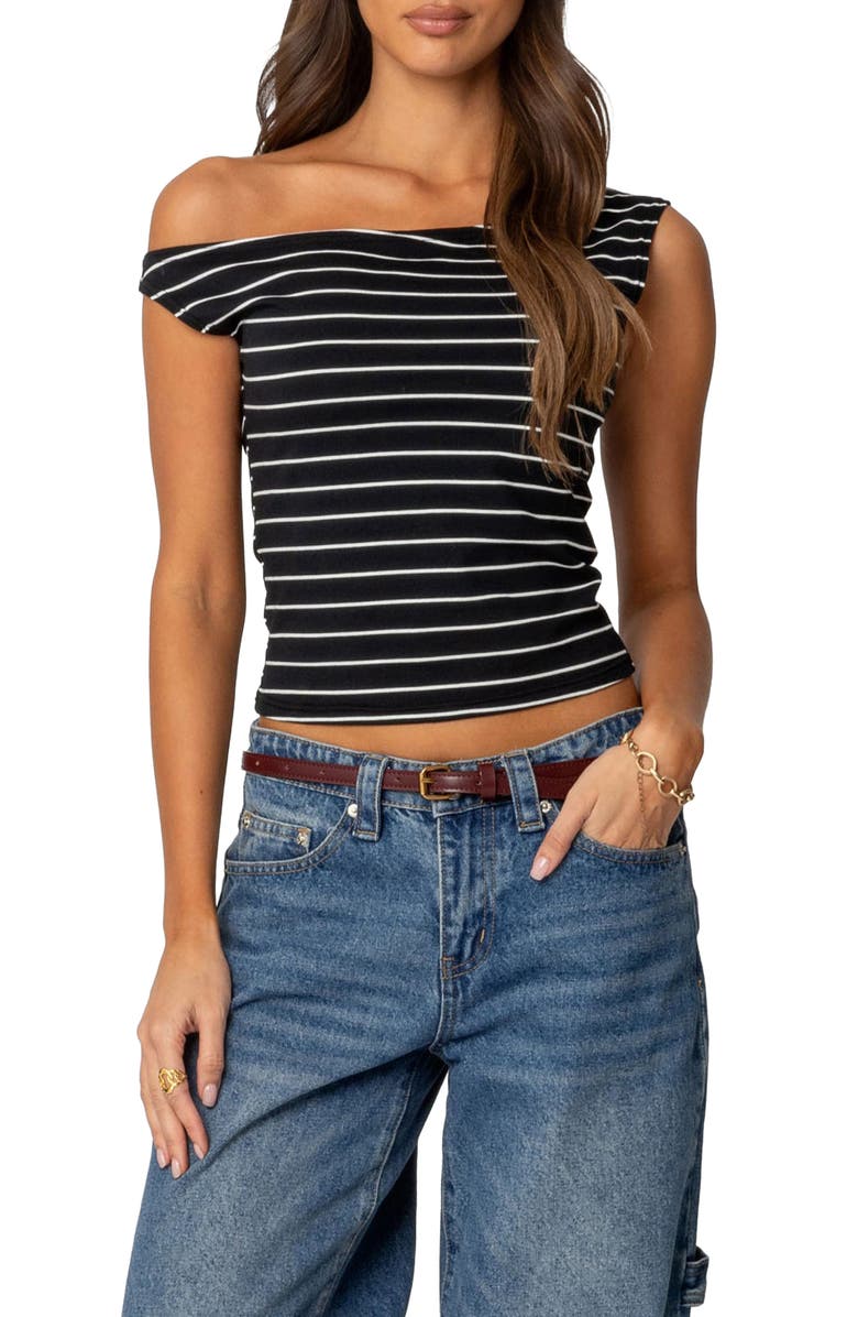 EDIKTED Keryn Stripe Asymmetric Top, Main, color, Black