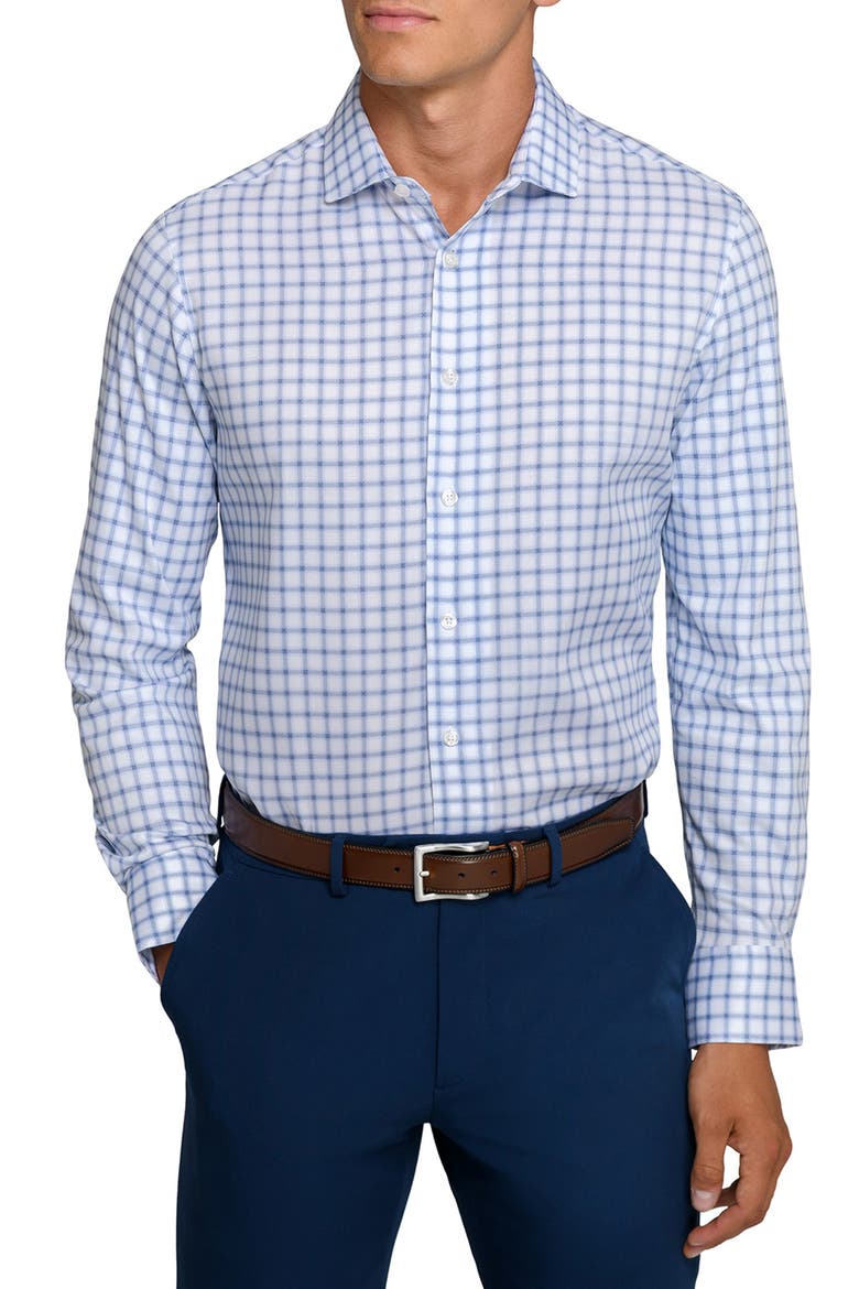 Reworked Slim Fit Navy Check Print Cotton Dress Shirt, Main, color, WHITE/ NAVY