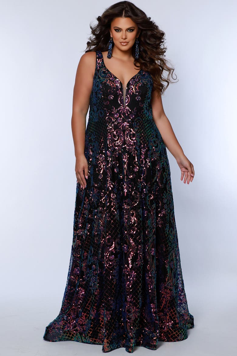 Bra-Friendly V-Neckline Sequin A-Line Plus Size Gown, Alternate, color, Phoenix