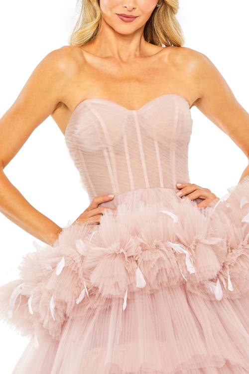 Mac Duggal Strapless Tulle Gown With Feather Detail In Rose