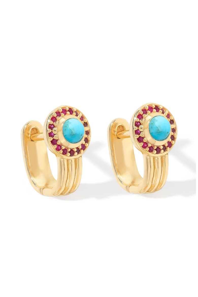 Turquoise Gold Plated Huggie Hoop Earrings, Main, color, BLUE