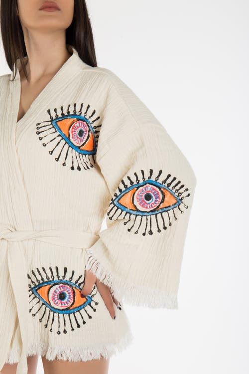 Forever & Always Shoes Sereia Evil Eye Handmade Cotton Short Kimono In Off-white