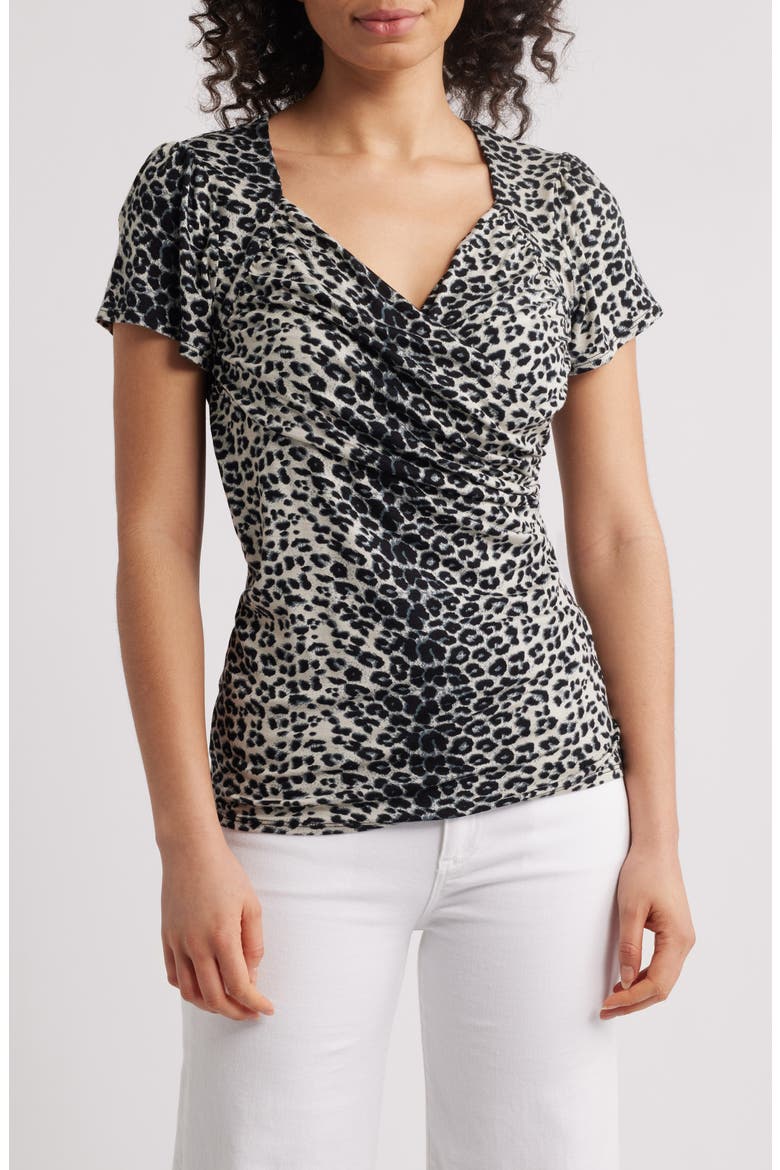 Leaopard Print Faux Wrap Top, Main, color, BLACK/ GREY