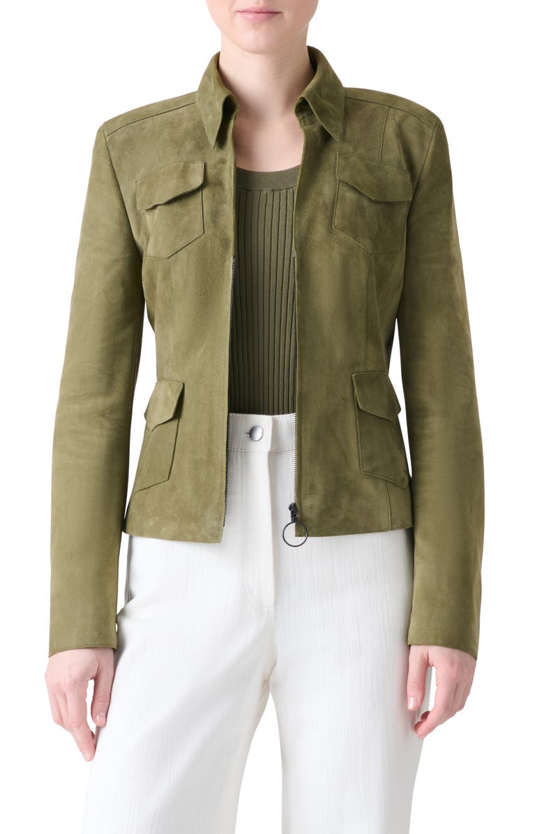 Akris punto Fitted Suede Jacket, Main, color, Khaki