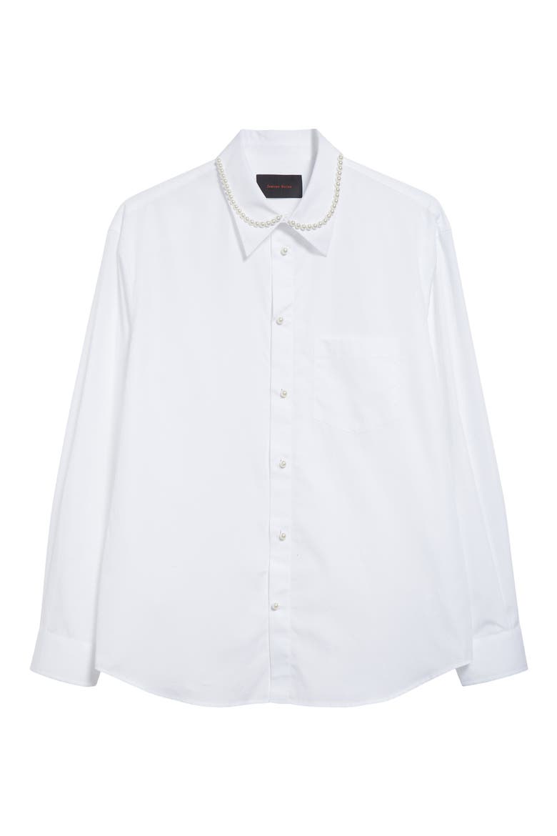 Faux Pearl Detail Classic Fit Cotton Button-Up Shirt, Alternate, color, WHITE/ PEARL