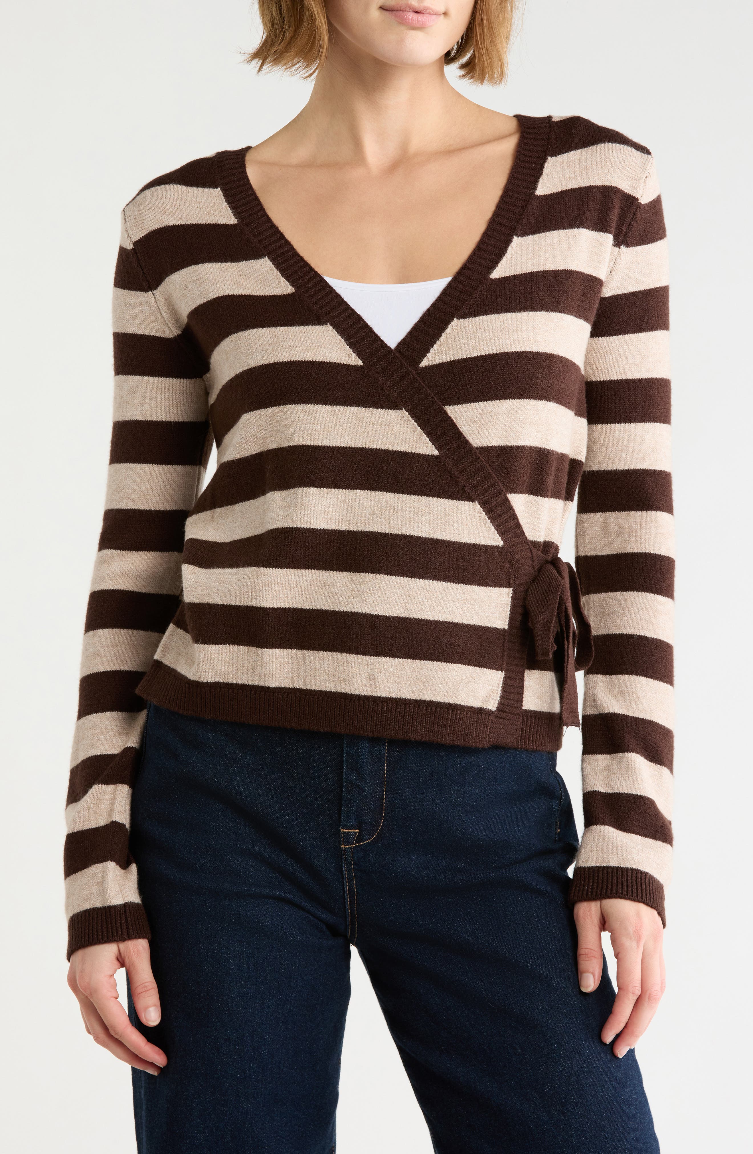 Stripe Side Tie Surplice Sweater