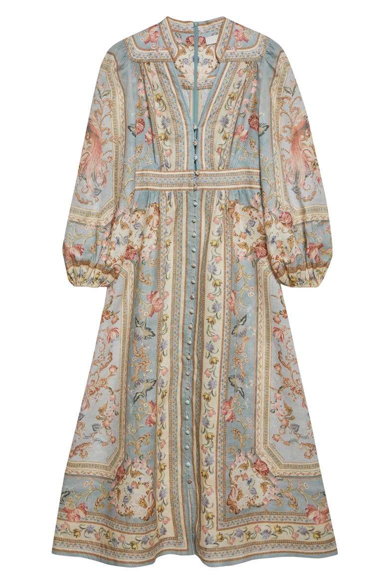 Roselight Plunge Long Sleeve Linen & Silk Midi Dress, Alternate, color, BLUE TAPESTRY FLORAL
