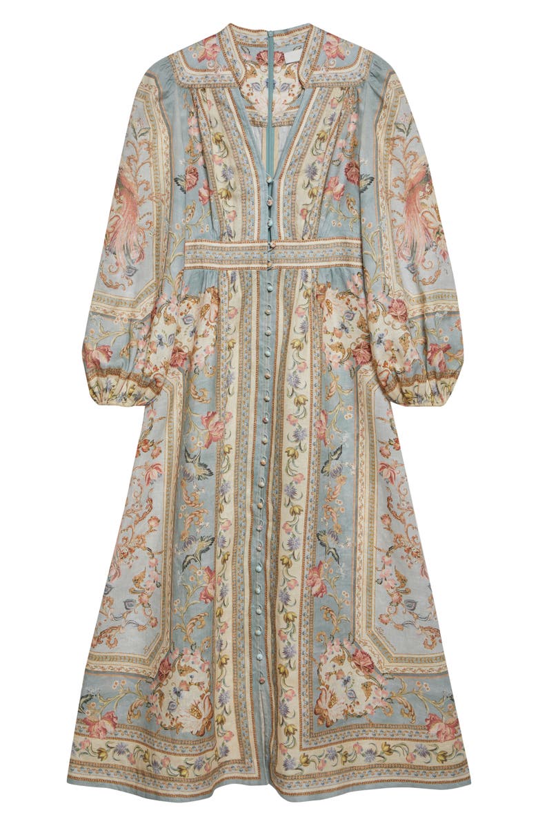 Zimmermann Roselight Plunge Long Sleeve Linen & Silk Midi Dress, Alternate, color, Blue Tapestry Floral