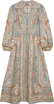 Zimmermann Roselight Plunge Long Sleeve Linen & Silk Midi Dress