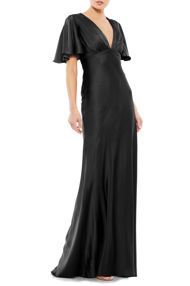 Butterfly Sleeve Satin Gown, Main, color, BLACK