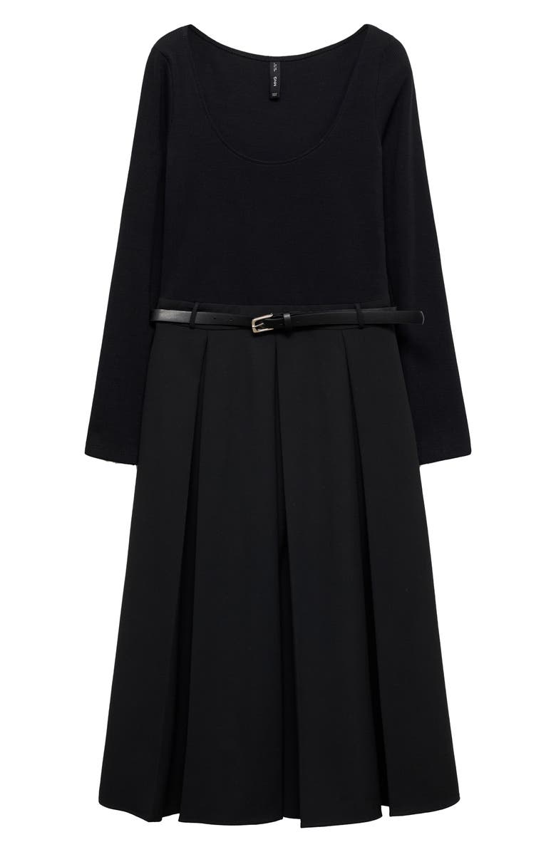 MANGO Diana Long Sleeve Belted Mixed Media Dress, Alternate, color, Black