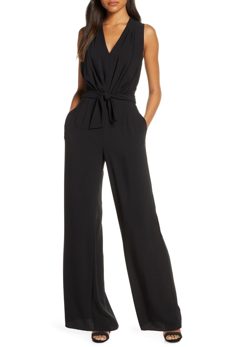 Devin Sleeveless Tie Waist Jumpsuit, Main, color, BLACK